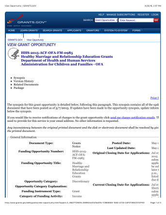 View Opportunity | GRANTS.GOV %22HMRE%22 FOA %22HHS-2015-ACF-OFA-FM-0985%22 ($53Total, $2Mtop:$350Kfloor)PAGE 1 of 3
