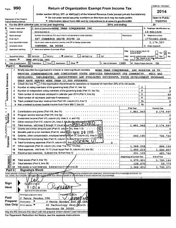 MTCIGA, 990 Yr 2014 as %22EIN#152811626%22 at 997 Commerce Dr, Conyers GA -- and No Program Service Revenues on Line 9 (P1 only here)