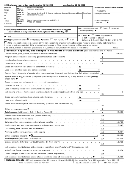 (cf Democrats Against UN Agenda21 ABAG Lawsuit Rosa Koire Michael Shaw) | FreedomAdvocates (CA EIN#731716778) Form 2008 990-EZ, revs $49,633 - Expenses $62,538 3 Officers
