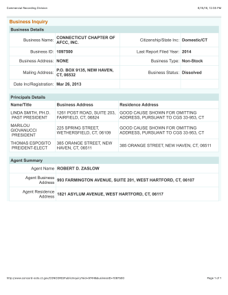 Connecticut Chapter of AFCC, C.O.N.C.O.R.D [Commerc'l Rec Divs'n of CT) CoverSheet (showing Principals & Year Inc 2013:Dissolved 2015