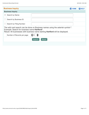 Connecticut's C.O.N.C.O.R.D. Database %22Business Inquiry%22 page (from Commercial Recording Division, viewed 6:13:2016)
