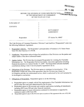 JustGive 2010 Settlemt Agreemt w STATE of UTAH Div of Consumer Protection CP Action 48487(2pg)