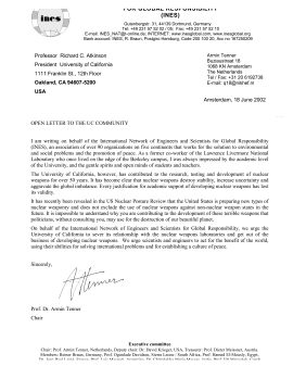 18June2002 Ltr to UCBerkeley President from Armin Tenner (Amsterdam, former Livermore Labs worker) on behalf of INES ~ See names on footer (http-:www.nuclearfiles.org:menu:key-issues:ethics:issues:scientific:tenner_open-letter-uc.pdf)
