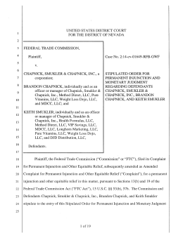 2-16-2016~US Dist Court Nevada, FTC v Chapnick,Smukler & Chapnick,Inc. (+Brandon Chapnick+Keith Smukler), Case No 2-14-cv-01649-RFBGWF| STIPULATED ORDER FOR PERMANENT INJUNCTION AND MONETARY JUDGMENT RE DEFENDANTS (p1 ONLY of 19pp)