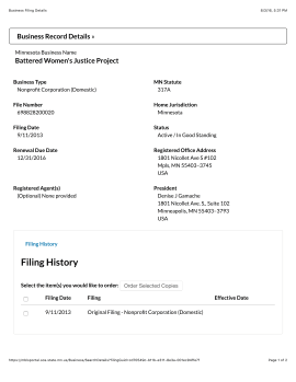 BWJP (File#698828200020, Orig@9:11:2013) Minnesota Business Filing Details, showing Mpls Office and Denise Gamache