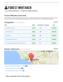 CorpWiki lists 5 still-Active Entities assoc with Forest Whitaker=Adagio Productns (1987) Spirit Dance Inc (1996) Salako Inc (1998) Significant New Media Inc (2011) International Institute for Peace Foundation (2011) -- %22President%22 for all