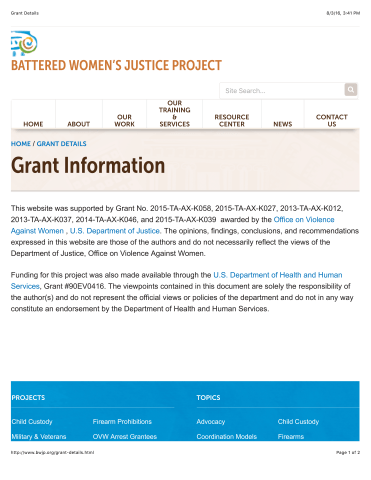 Viewed Aug2016, BWJP website Footer Info %22Details%22 link cites 2013ff DOJ and HHS Grants by #