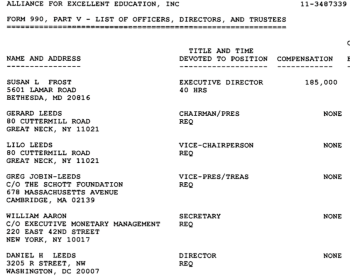 Exec Dir Frost + several "Leeds" family members + an Exec Mgmt Company (all unpaid except Frost, who signs tax return) Yr 2002 Alliance for Exct Educ