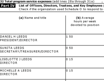latest Leeds 501©4 (NPEAF) bd of trustees shows also Sunita & Michelle Leeds (hrs worked "0" grants given "0"