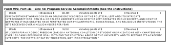 EIN#954194642 (DH Freedom Center, a CA Org since 1984) Sched O, Yr 2014, describes "Discover the Networks" as a Sched-O project