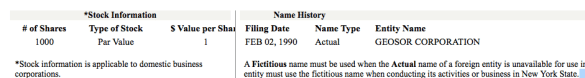Showing 2/2/1990 formation date of GeoSor Corp, with no former company names and that only 1,000 shares of $1/share (originally only?)per NYS Business Entity Search