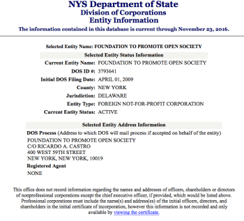 NYS Entity Search detail showing FTPOS Foundation registered 4/1/2009 in NY as a Delaware Not-for-profit