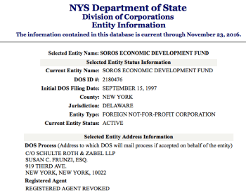 Soros Eco Devpt Fund registered in 1997 as a Delaware Nonprofit (it also reads "Reg. Agent Revoked")