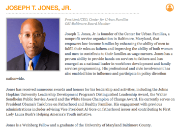 Alliance for Open Societies International (oddly dba OSI-BALTIMORE, perhaps to conceal the global intentions) Bd of Directors includes individual with background in responsible fatherhood and on a White House task force re: the same