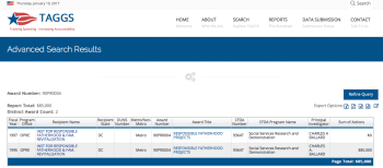 Showing TAGGS Adv. Search keyword Award# "90PR0004." Results show well-known DC organization with "staying IRS-compliant" problems, $85K in the 1990s only, under "Social Services" CFDA93647, but clearly "Fatherhood" in purpose.