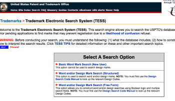 USPTO.gov "TESS" (Trademark Electronic Search Site)