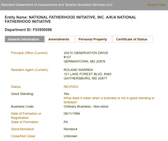 NFI General Info page viewed 1-30-2017 at Maryaladn's SDAT search site, showing status Good and current R.A. is Roland C. Warren, legal domicile 1994. Only by clicking on the "Amendments" Tab would more history show up.
