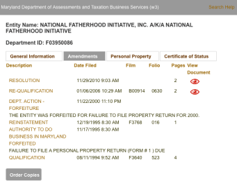 Details here seem to say: It qualified 8/1994, was disqualified for not filing on time the next year, Reinstituted (after getting revoked) 3 months later in 1995, then nothing is seen until 2000 (no annual reports filed meanwhile?) In 2000 an entry reads "Forfeits right to do business in Maryland for not filing in 2000 (what about 1996, 197, 198, and 1999?). Then nothing until 2006,. when it is (a) reinstituted, and then 2010? Forms some resolution (the only two images viewable for free on-line are marked by the red "eye" icon on the right.