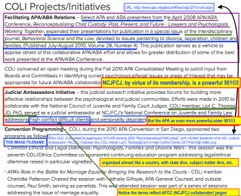 Click to read annotations full-sized; the originating URL is shown also on the screenprint apa_s-coli-committeeonlegalissues-2010-ar-showing-2008-e2809creconceptualzngchildcustodye2809d-conf-further-dissemntn-of-its-info-judicial-ambassadrsncjfcj-outreach-thru-coli-membr