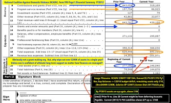 NCADV Year 2012 Form 990 PtI (bottom) showing significantly reduced revenues not matched by reducing expenses, and wiping out $203K of Beginning of Year Assets. The next year/s they have a different executive director, but before this one steps down (Ms. Smith) her salary is increased about $100K -- see later returns) to $174K
