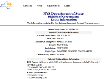 NY Sec of State Bus Entity Search Results for IBT Media (showing current CEO)