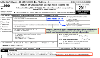 CLICK TO READ: OSLA.org (LSC.gov recipient) Yr 2011 Form 990 annotated Page 1 showing its 3-fold purpose and $7.7M Gross receipts.