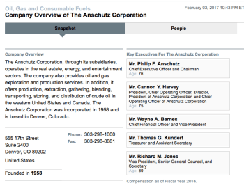 Bloomberg.com profile of The Anschutz Corporation taken Feb. 2017