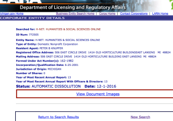 2 of 4 images, H-Net on Michigan's LARA website, this is the face page showing Admin Dissolution Dec 2016