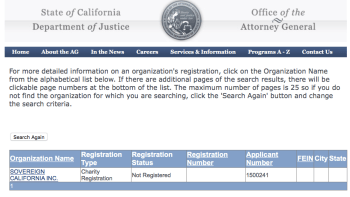 California Nonprofit "Sovereign California Inc" (filed one SI in 2014 only) showing "Not Registered." We DNK if it's a PAC or not, however. And if no funds were received...