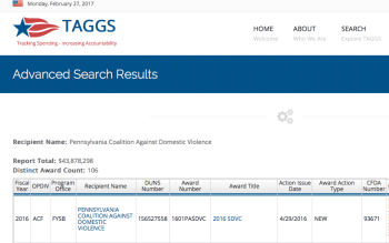 Top Left Image from a PCADV HHS grants (all kinds, any ,ind) search at TAGGS.hhs.gov.
