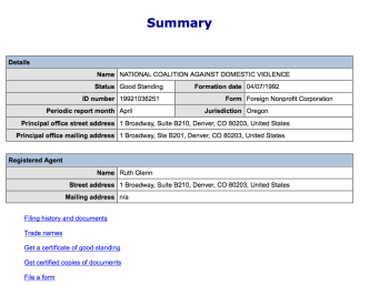 Image from CO Sec. of State re: NCADV added post-publication (on discovering Oregon Legal Domicile existed since 1978, Colorado only since 1992. Moral of the Story -- don't take the word of Form 990 filings as to Legal Domicile. 