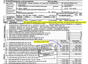 Look at the nearby pdfs, the EJ printout (Click on Org Name) or look up 2015 tax return for EIN# 74-2354575 to see complete return, incl. Pt VIII revs (etc.)