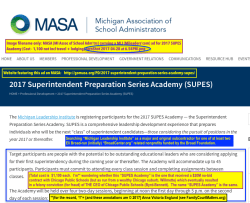 MASA (MI Assoc of School Adm’trs) carrying a MLI (Mileaders’com) ad for 2017 SUPES Academy (Cost – 1,100 not incl travel + lodging) ScrnShot 2017-04-28 at&nbsp;6.54PM