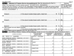 Broad Institute, The (EIN#262874321, 2008, MA) and-OR StanleyFndtnForBroadInstit (EIN#465433704, 2013ff) both co Dr. Eric Lander FORMS 990 2015, 2014, 2008, 2009 SShot 2017JUNE14@2.58.52