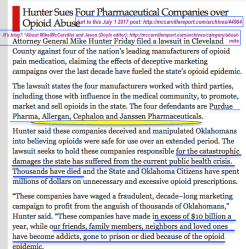 Hunter Sues Four Pharma –Over Opioid Abuse in McCarville Rept (blog July1 2017) Sshot 2017-07-01 at 2.22&nbsp;PM