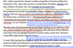 MaryWLasker NYT Obit (Feb 23 1994 EricPace), Her Life+Background viewed 2017-08-13 @&nbsp;2.31PM