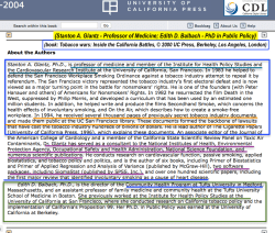 TOBACCO WARS (@2000 UC Press Ebooks) re in Calif by StantonGlantzPhd (UCSF) + EdithDBalbach Phd (Tufts) detailed TOC, see SmokersHistory’com comment on Glantz funding@ UCSF Viewed&nbsp;2017Au