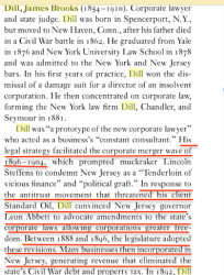 TheYaleBiographical Dict’y of American Law (YUP 2009 Ed RogerK Newman) on James B Dill (pp163-164) {{Sshot 2017Nov13 Mon @12.44.34&nbsp;PM