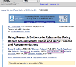 Am J Public Health Nov2014 –Using RsrchEvid to Reframe Policy Debate around Mental Illness+Guns (incl author Joshua Horwitz JD of CSGV) SShot 2017-11-05 at 11.40.36&nbsp;AM