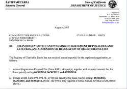 CVSolutions’org Info from Calif OAG Char Details | EIN#942411924 2017Aug14 STERN WARNING re Delinquency (2 imgs) SShots2018Jan8 Mon @3.57.01&nbsp;PM