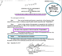 NAME CHANGE- SF CAPC ~~> Safe & Sound (the Corporation) stamped at Calif SOS, *** Sept 26 2017** ~ 2017-12-31 at&nbsp;3.55PM