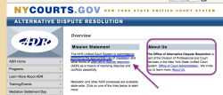 NYS Unified Court System (NYCourts’gov) Office of ADR is under Div Profess + COURT SERVICES under OFFICE of Court Admin (in Cal, that’d be AOC?) Viewed 2018Feb5 Mon @7.07.13&nbsp;PM