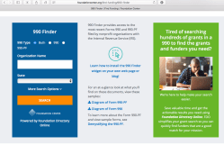 990 Finder Widget This (pretty precisely) dates URL redirect by FoundationCenter to Diff’t User Interface. Must use DropDown menu to access other options (such as EIN#)&nbsp;2018March9