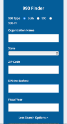 990 Finder Widget This (pretty precisely) dates URL redirect by FoundationCenter to Diff’t User Interface. Must use DropDown menu to access other options (such as EIN#)&nbsp;2018March9