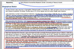 Timothy Leary Bio Blurb fr UTexas Austin’s Harry Branson Humanaites Research Center (accompanies Repository Listing) 2018Mar24 Sat @4.53.39&nbsp;PM
