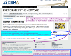 WomenInFatherhood (undated) as a CBMA~Community of Practice~ (w fine print on footer showing CBMA is using SiliconValleyCommunityFndtn [created by merger in 2006, billion-dollar&nbsp;assets]