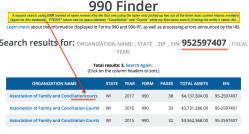 Assoc of Family AND Conciliatn Cts EIN# (=952597407)-search on ‘990finder’ reveals FYE 2015,16 & 17~~SShot 2018May08 @4.59.00&nbsp;PM