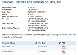 00003 Center for Modern Courts, Inc (EIN#815295623, CalEntity398002, Jan2017ff, website *’org) Joseph Sweeney (SanRamon) working w Kathleen Russell, formerly an LLC)-SShot2018May18 @5.36