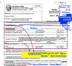 09 Chan-Zuckerberg + CZI LLC (and Corp) Calif SecOfState Bus Entity Filings showing name-changes + CZI Holdings, Inc + Square Seven Mgmt LLC in SF (etc…) ~~2018July31 Tue&nbsp;@