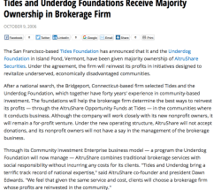 Tides + Under Dog Fndtns receve maj ownership in Brokerage Firm (AltruShare Securities in VT?) Oct 2006, Philanthropy News ~ SShot 2018Aug22@3.52PM